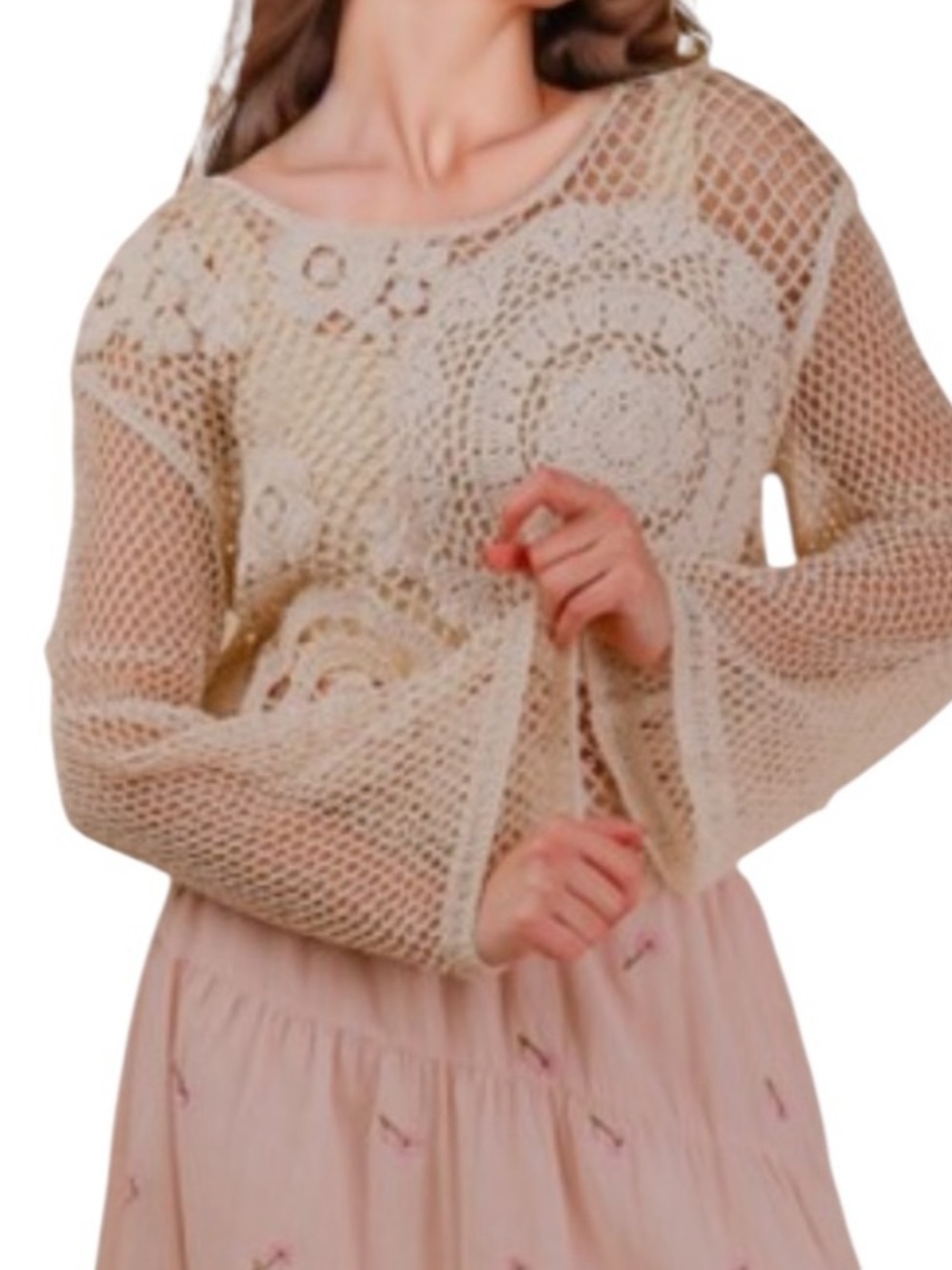 NEW IN Brand Natural Beige Boho Bell Sleeve Crochet Knit Top - Picture 3 of 9
